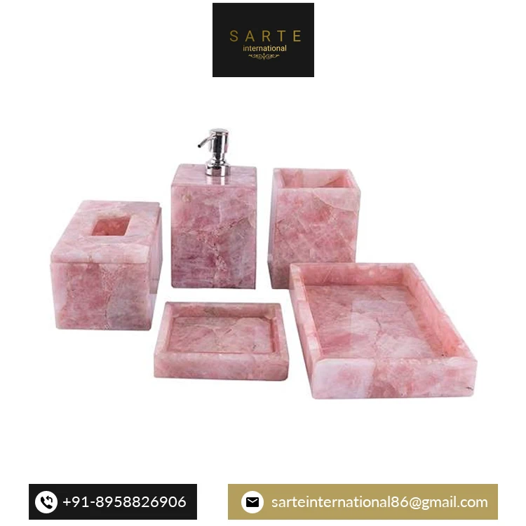 Excellent Quality Top Selling Rose Quartz Natural Semiprecious Stone Bathroom Decorative Accessories Set for Home Hotel