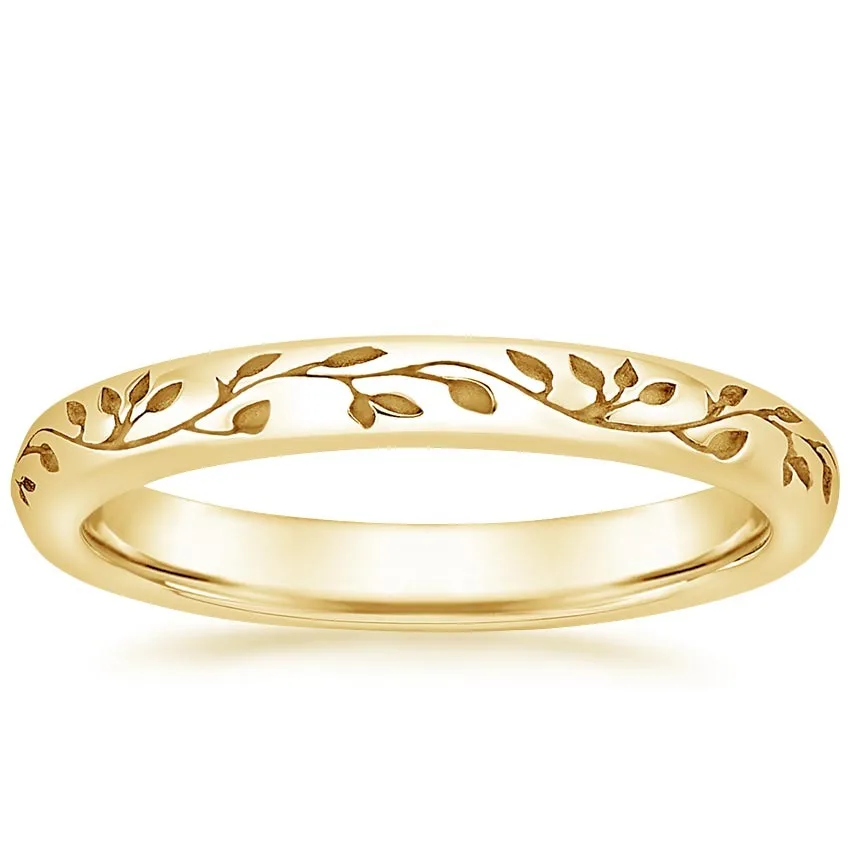 Hot Sale Jewelry Nature Inspired Wedding Ring Women Minimalist Leaf Engraved Wedding Band Plain Gold Ring Stack Rings Collection