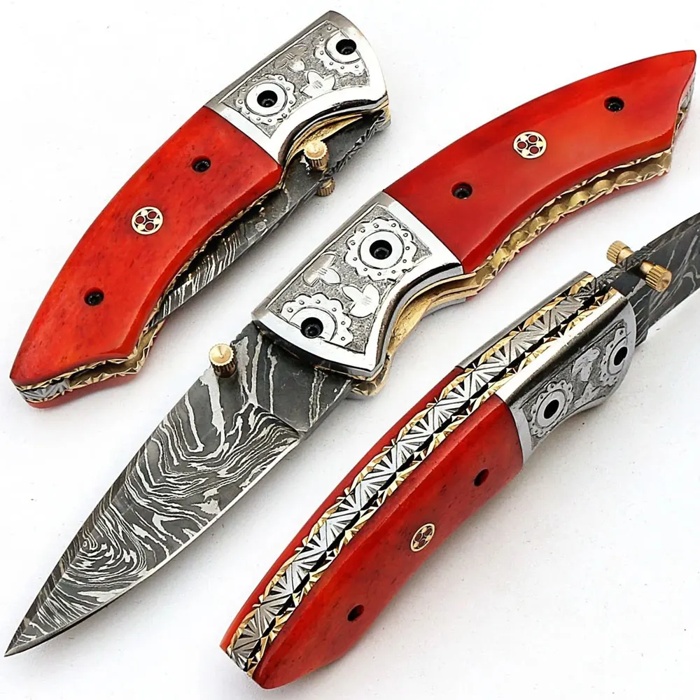 Handmade Heavy Duty Folding Pocket Knife with Wood Handle Damascus Steel Wholesale Price for Online Sale