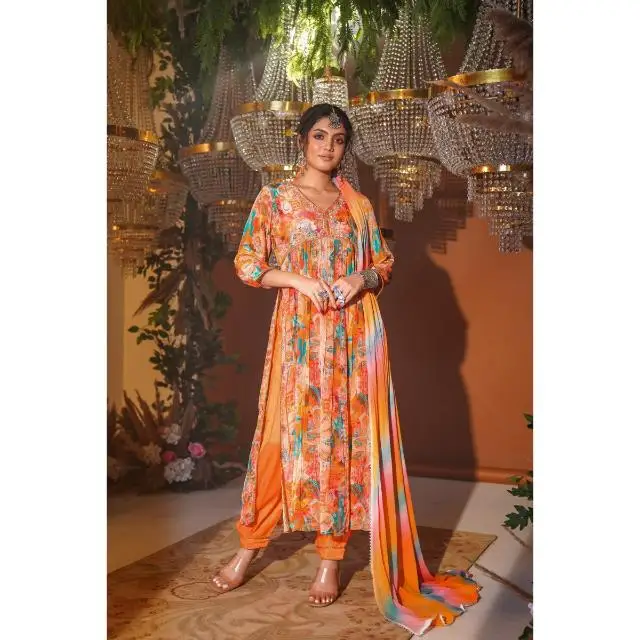 Яркий высококачественный хлопковый креп Kurta комплект элегантный костюм из 3 предметов с брюки Dupatta для любого случая вечеринок