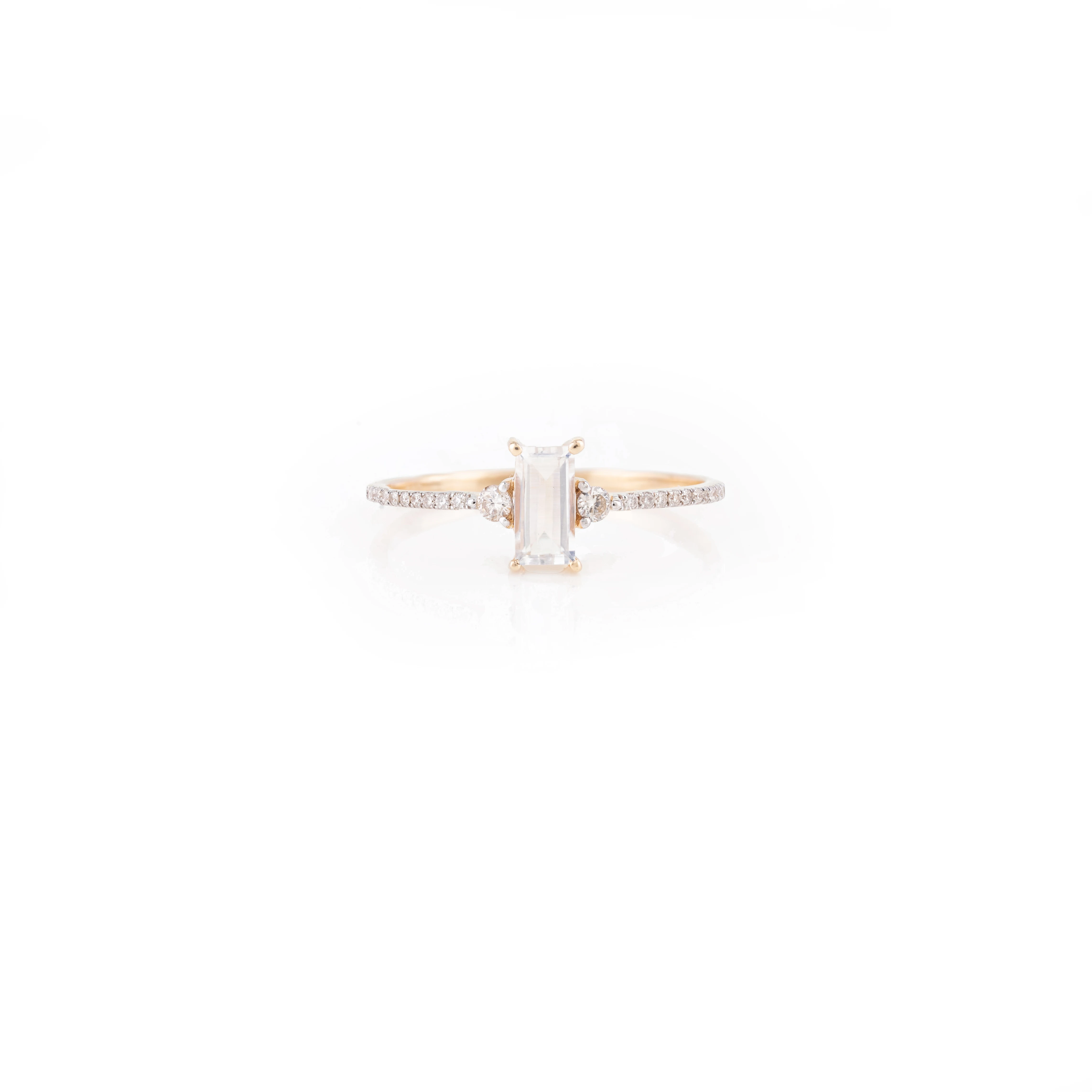 Classically designed 100% Natural Rainbow Moonstone and Diamond Baguette Shape Eternity Band Ring in 14k Solid Yellow Gold
