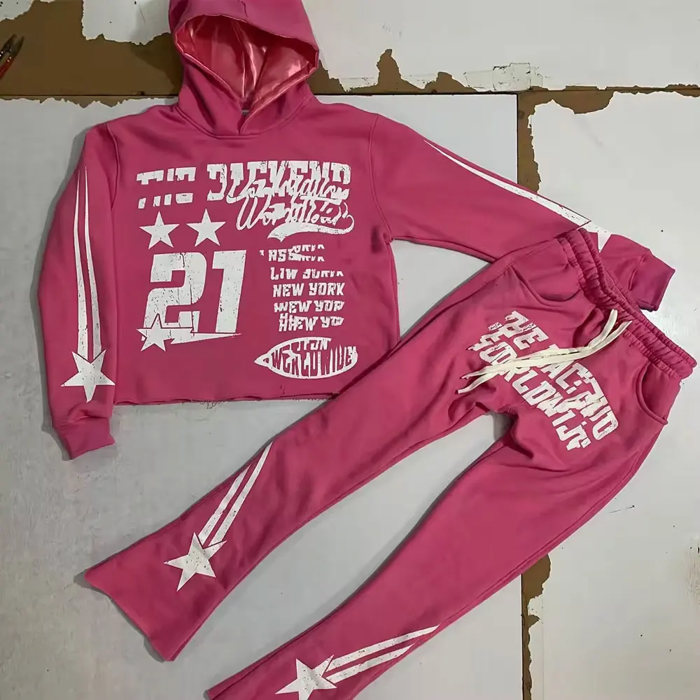 Y2k Style Custom Cropped Hoodie Men Vintage No String Saint Lined Pullover Cut And Sew Hoodies Flared Sweatpants And Hoodie Set
