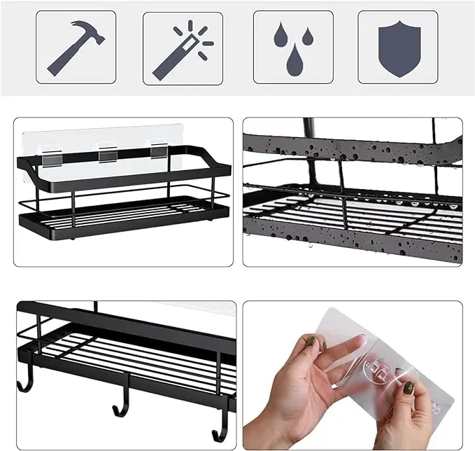 Adhesive No Drilling Stainless Steel Bathroom Wall Mounted Shelf Shower for Home Use