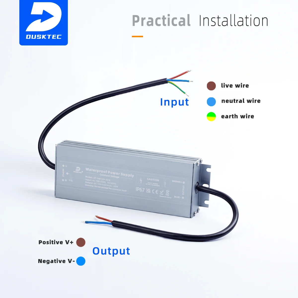 DUSKTEC IP67 Waterproof Class 2 Constant Voltage DC 12-24V Volt Regulated Transformer Switching Power Supply for CCTV Camera Set