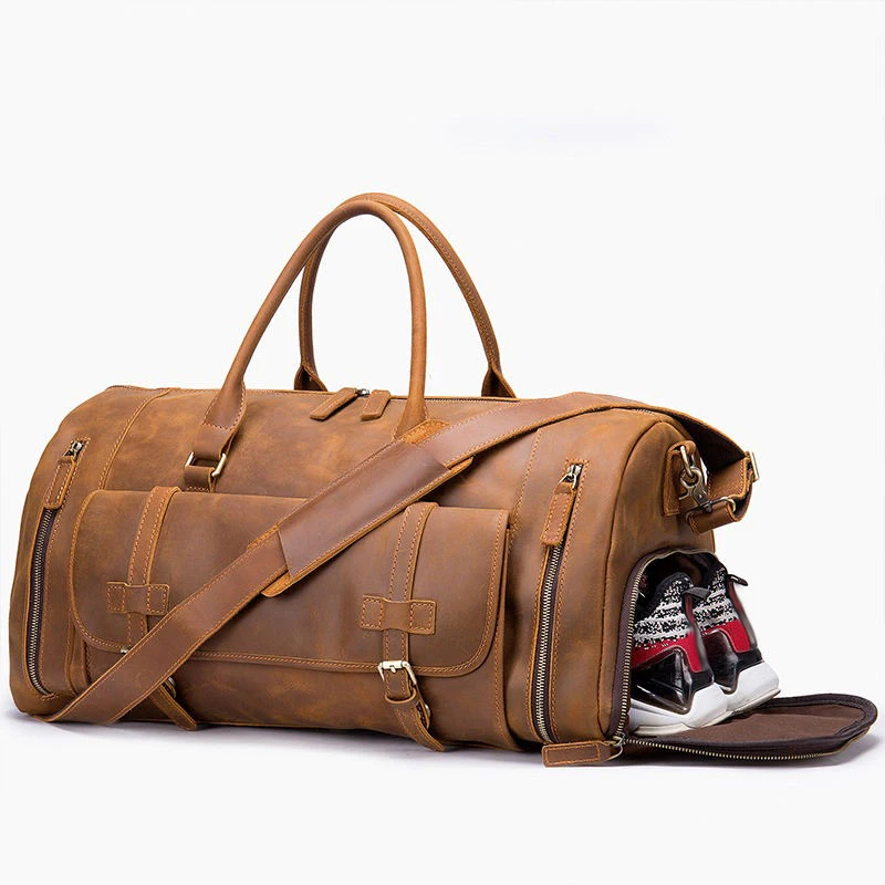 Custom Genuine Leather Camping Hiking Duffel Bag | Multi Functional Genuine Leather Duffel Bags with Shoes Case Zippered
