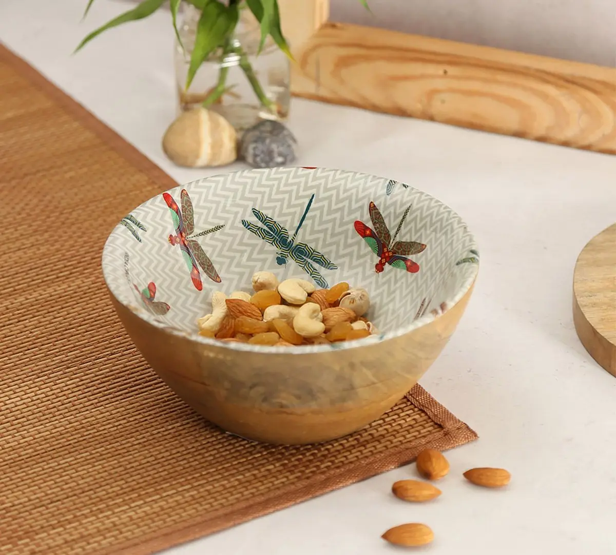 Modern Minimalist Acacia Wood Serving Bowl Handcrafted Enamel Print Elegant Maple Wood Fruit Bowl Touch Nature Concept Food