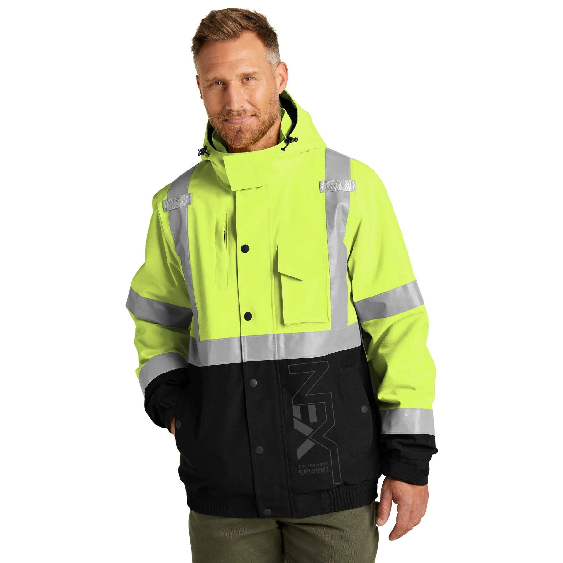 Hooded RIPSTOP Jacket Enhanced Visibility Water Resistant Work Wear Jacket with Hi Vis Reflective Taping Wholesale Price