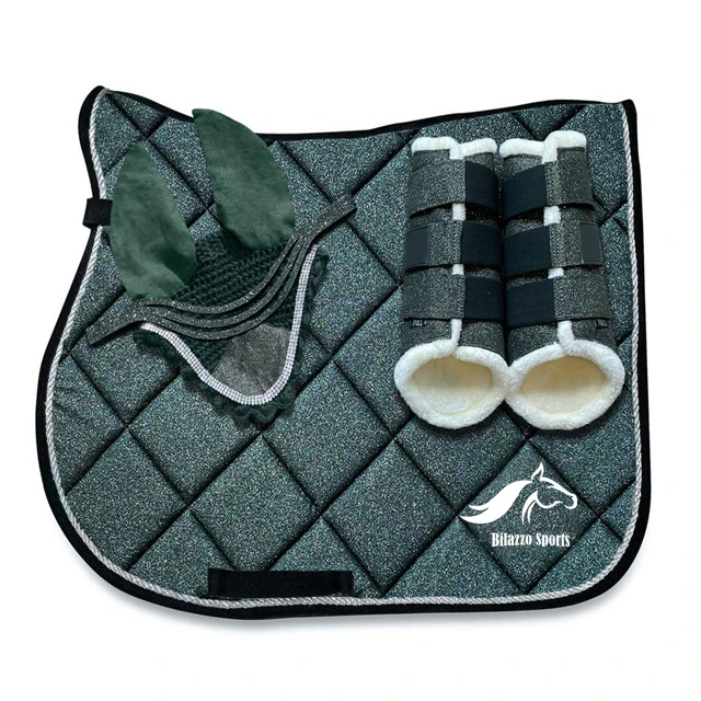 HORSE ENGLISH COTTON SADDLE PAD WITH MATCHING BELL BOOT TENDON BOOT & FLY VEILS MATCHING SET CUSTOMIZATION ACCEPTED