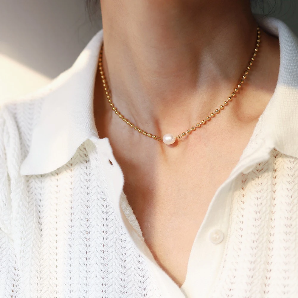 Minimalist Jewelry 18k Gold Plated Stainless Steel Balled Chain with Freshwater Pearl Pendant Necklace