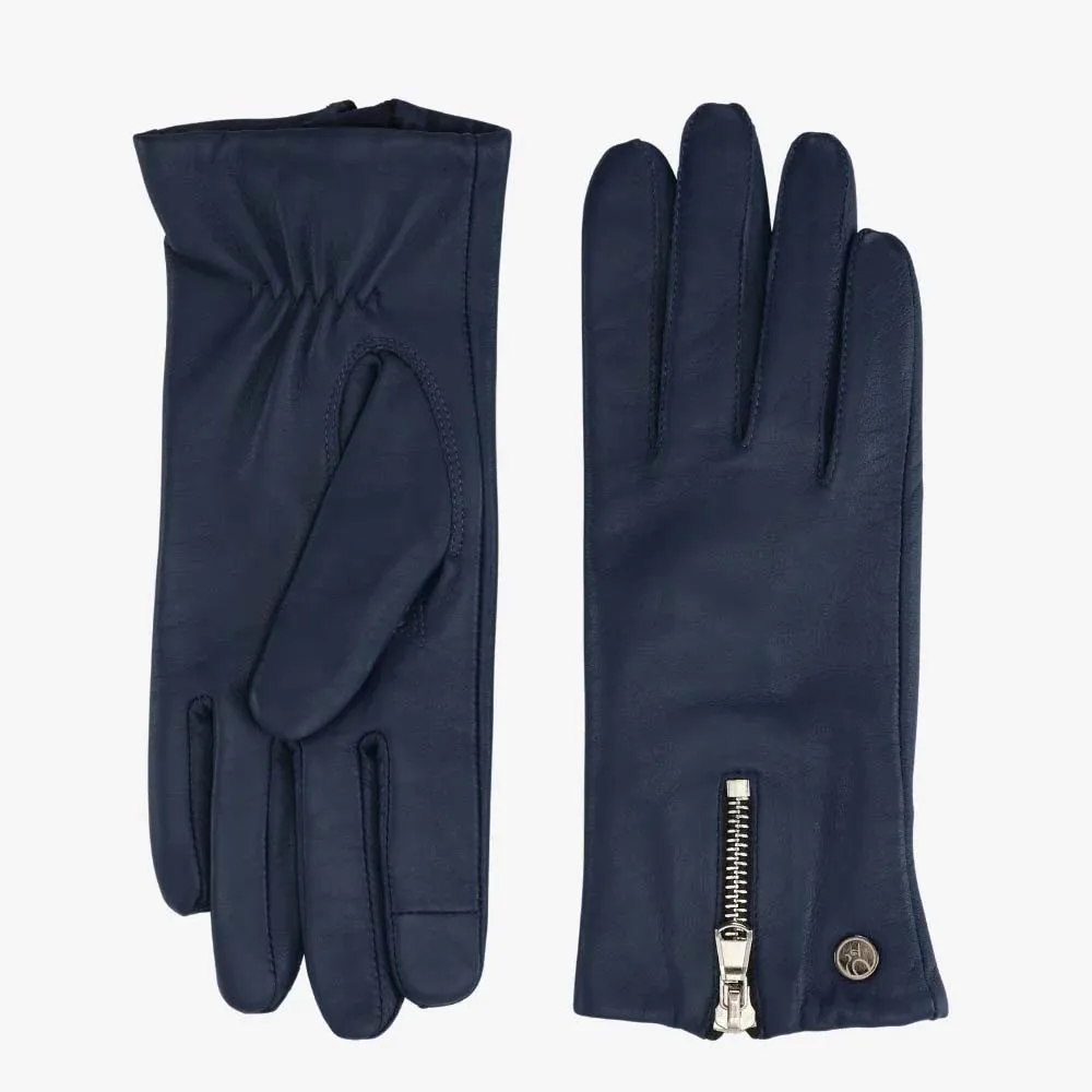 LADIES BUTTER SOFT NAVY LEATHER GLOVE WITH BUTTON FEATURE & WARM FLEECE LINING ZIPPER GLOVE
