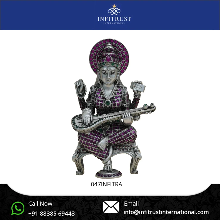 Antique Style Hindu Religious Traditional Design 925 Sterling Silver Idol Oxidized Plated Goddess Saraswati Artifact at Low Cost