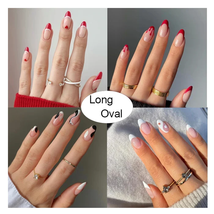 Длинный овальный 24 шт. накладные ногти упаковка без токсичных накладные ногти Маникюр Французский Выходные туфли на выпускной бал искусственные ногти