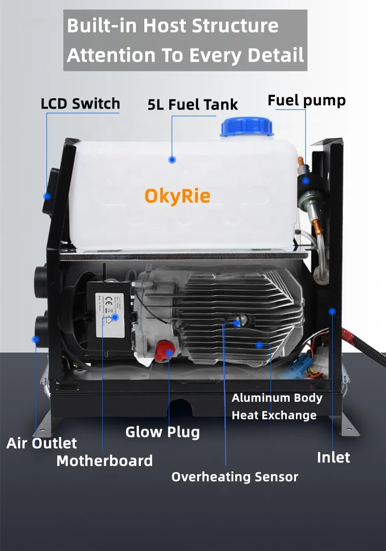 OkyRie Home Diesel Heater Air Heated 12V 24V Diesel Air Heater All In One LCD Monitor  5kw 8kw Portable Heater For Car