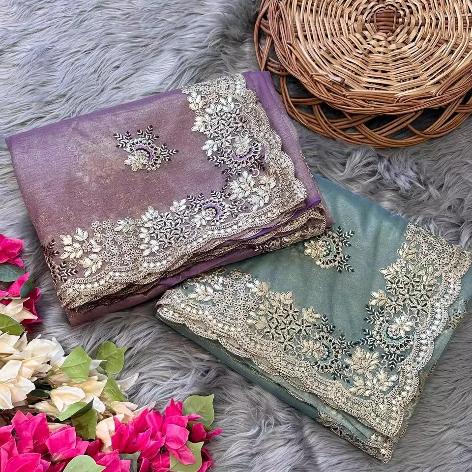 Beautiful Soft Tissue silk saree with Embroidery viscose thread work in saree, Party Wear saree, Wedding Wear Saree.