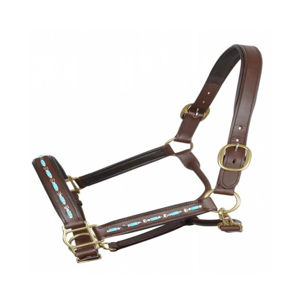 Beaded Leather Padded Show Horse Manufacturer Turquoise Halter Havana from Indian Premium Quality Handmade Brown Colour IN;34648