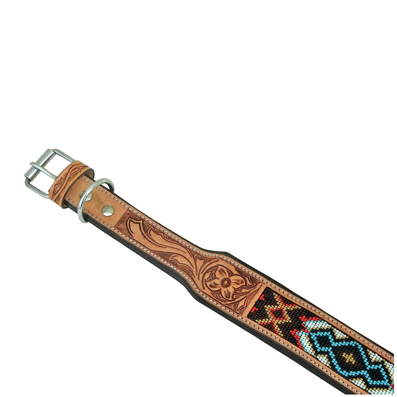 Multi Colored Beaded Soft Padded Dog Collar With Hand Tooling Dog Belt Carving Cow Leather Dog Collar Manufacturer
