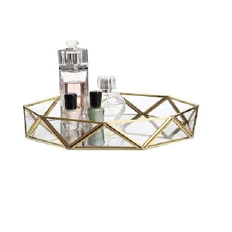 European style luxury golden Glass Tray rectangular metal mirror display tray Custom jewelry decorative tray Modern