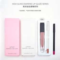ODM&OEM 2 in 1 Makeup diamond crystal Lipgloss Set With Packaging Box Nude Liquid Lipstick brown lip liner set