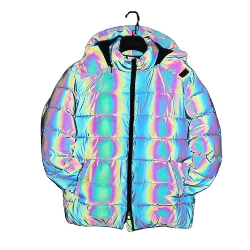 Custom Winter Puffer Bubble Rainbow Reflective Bomber Jacket Men Made By Jinah Experts