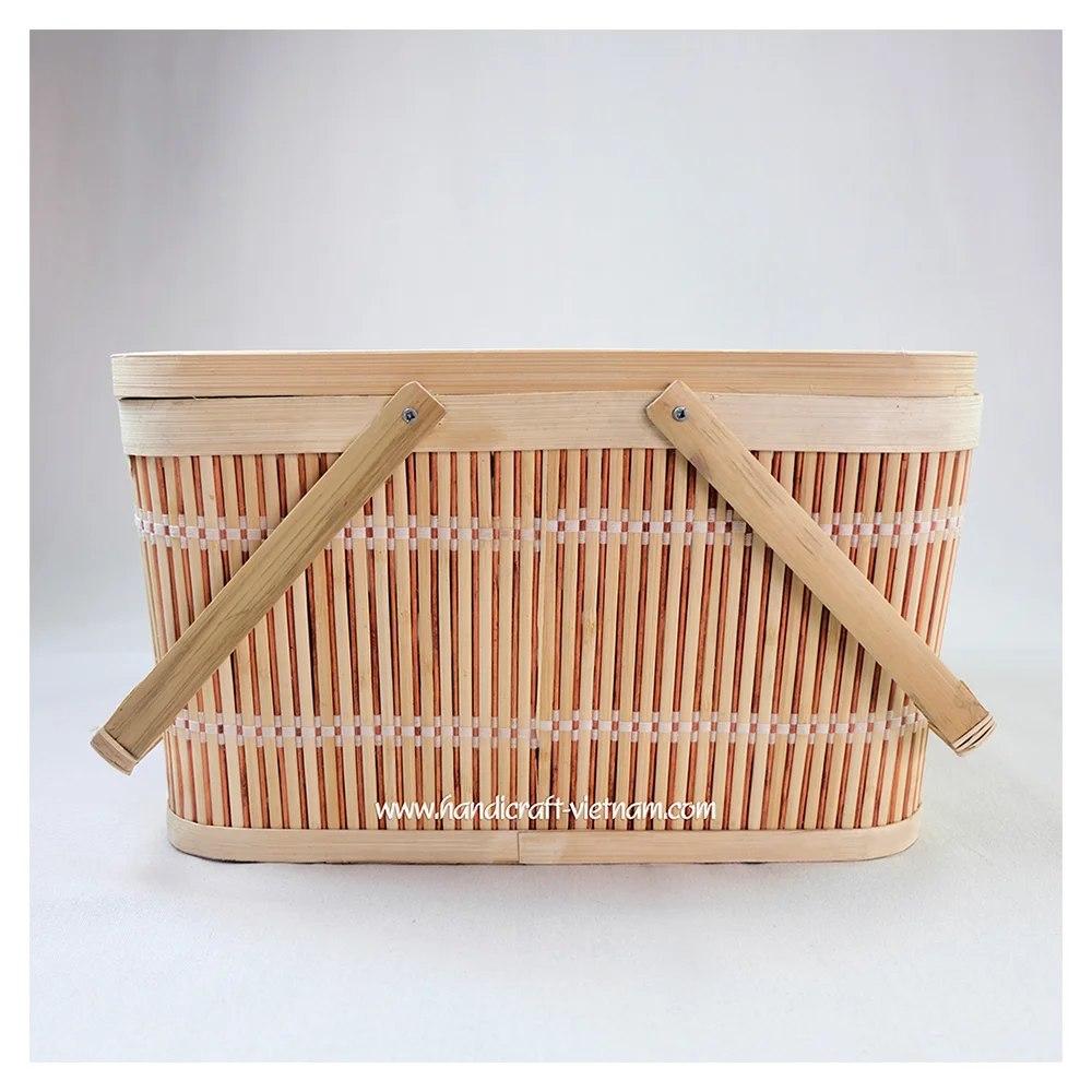 Bamboo Picnic Basket with Double Folding Handles, Natural Woven Basket, Gift Packing Woven Basket