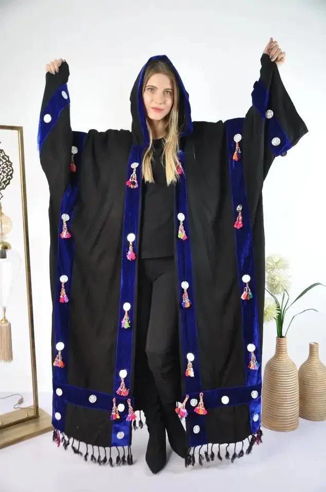 New Arrival Women Unique Silver Coins Designer Hooded Coat Gypsy Style Velvet Abaya Dress For Women