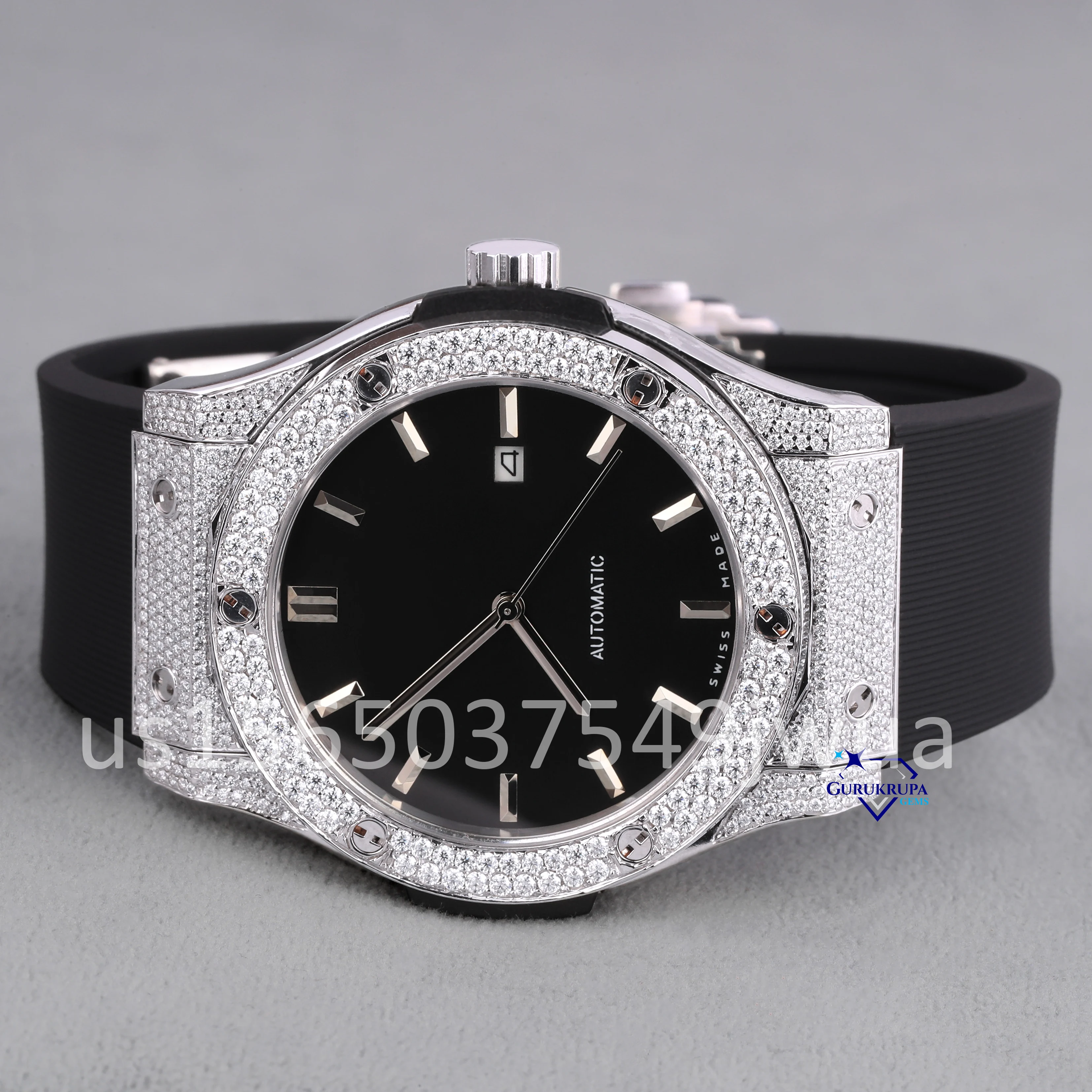 100% Pass Diamond Tester Custom Luxury Bling Diamond Watch VVS Lab grown Hip Hop Iced Out Black Rubber Belt Mechanical Watches