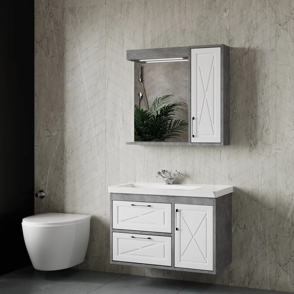 Tokyo 85: набор туалетных столиков из двух частей с освещенным зеркалом меламиновым покрытием и медленно закрывающиеся ящики