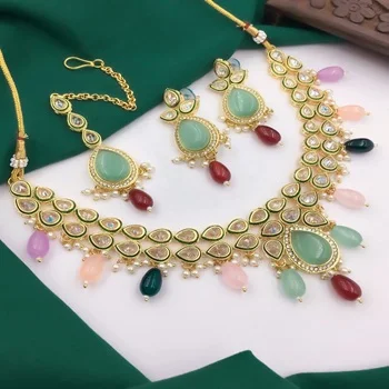 Hottest Selling Of Indo Western Kundan Beads Necklace and Earring Set With Gold Plating Multi Coloured Wedding Wear Necklace set