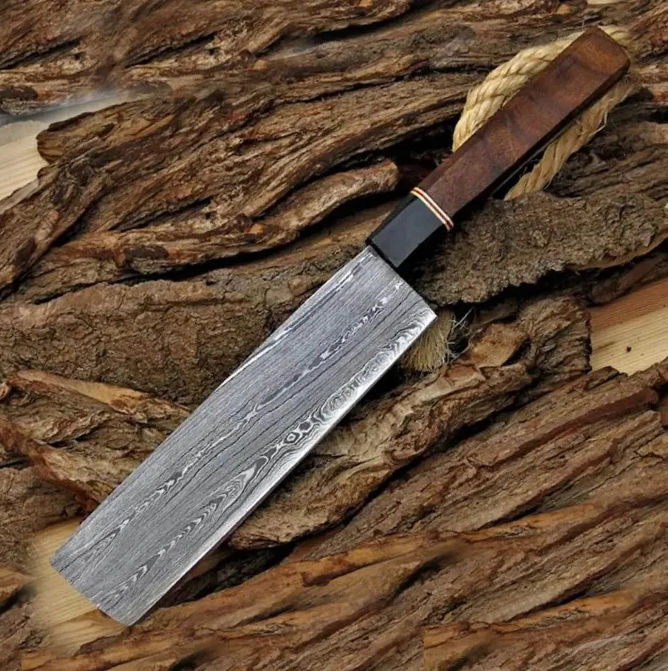 Японский нож накири ручной работы полностью кованый овощной из дамасской стали для барбекю на открытом воздухе