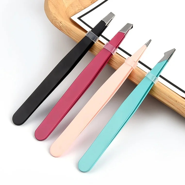 Professional Colorful Eyebrow Point Slant Tweezers in Case 4 Pack Customized Private Label Eyebrow Tweezer Set