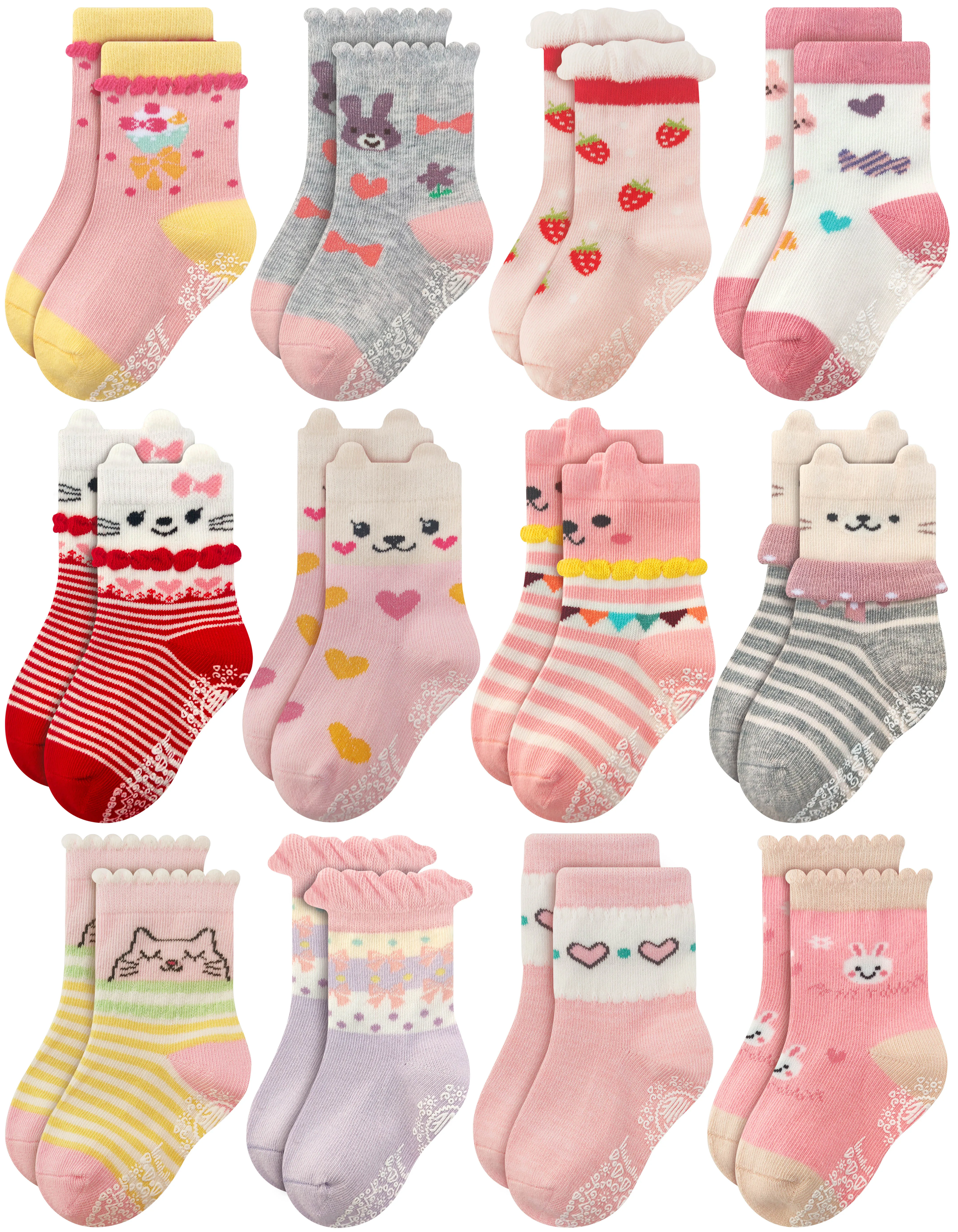 RATIVE Non Skid Anti Slip Cotton Dress Crew Socks With Grips For Baby Infant Toddler Kids Girls