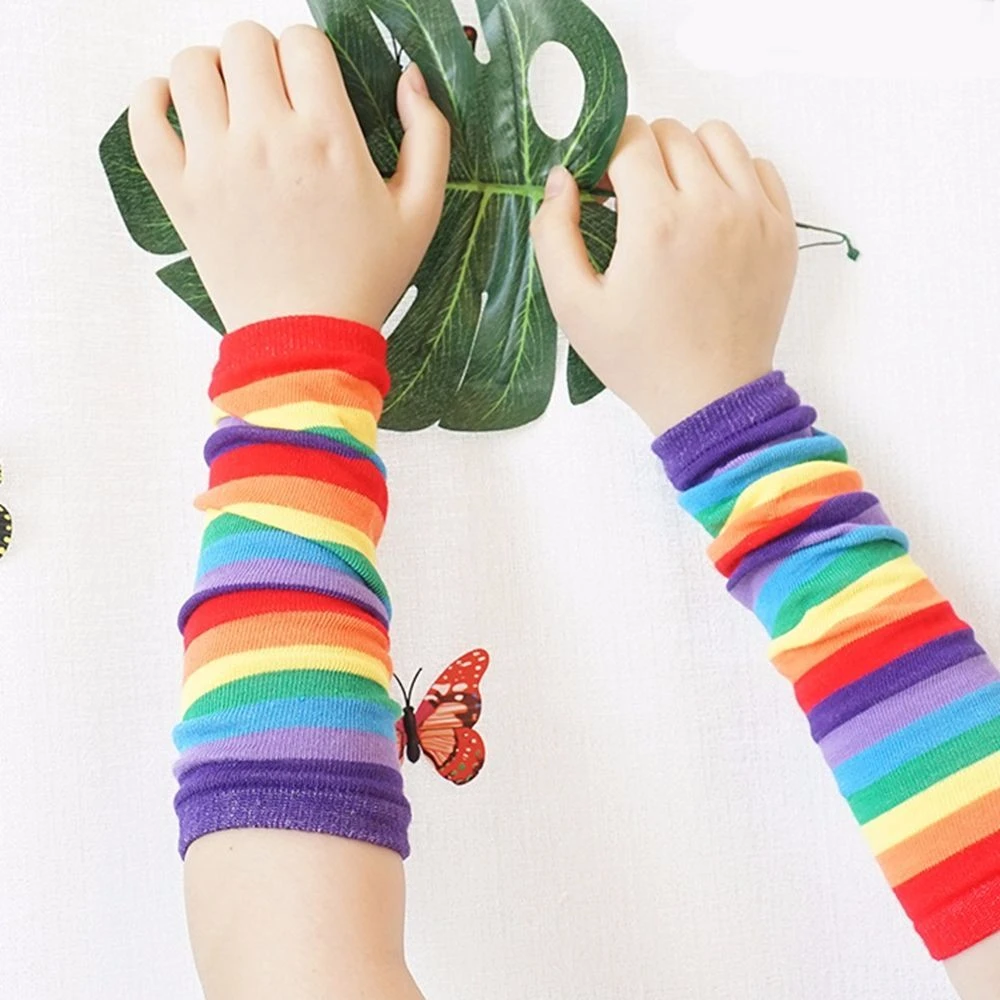 New Fashion Long Glove Arm Cover Rainbow Striped Fingerless Cotton Long Wristband Sleeve