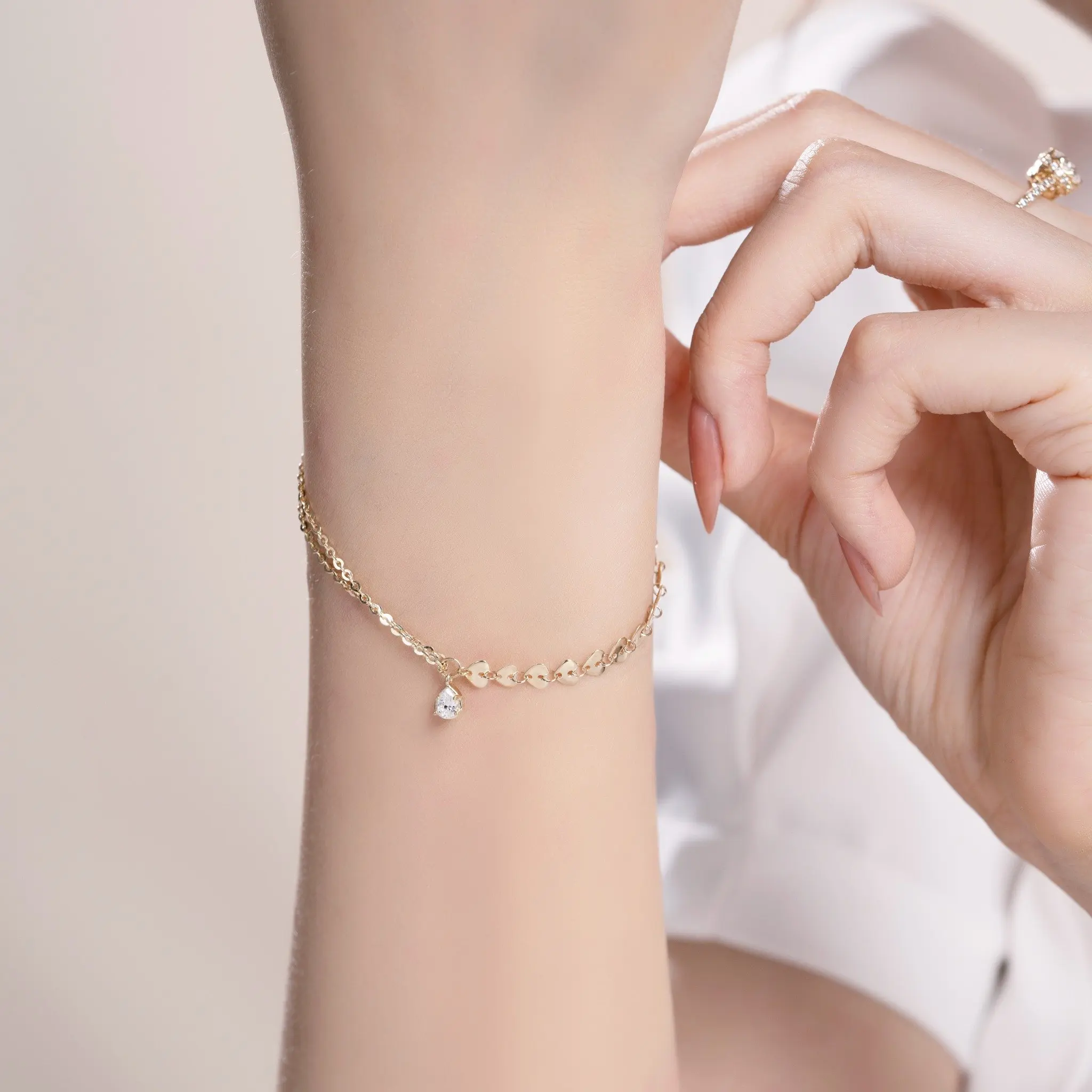 14k Gold Jewelry Wholesale Real Gold Link Chain Heart Shaped Bracelet For Girl Trendy Korea Design Water Drop StoneLLF151
