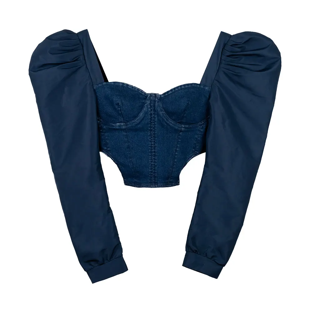Jeans Corset with Ballon Polyester Sleeves High Quality Front Zipper Ladies Corset For Sale In Best Price