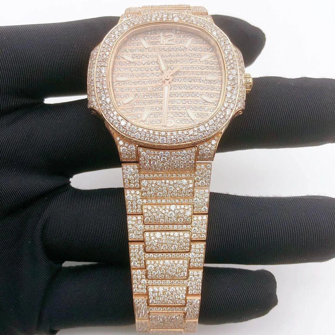 Yellow Gold Tone Watch Handmade Watch, Automatic Movement Watch For Men, Fully Iced Out Swiss ETA Diamond Wrist Watch
