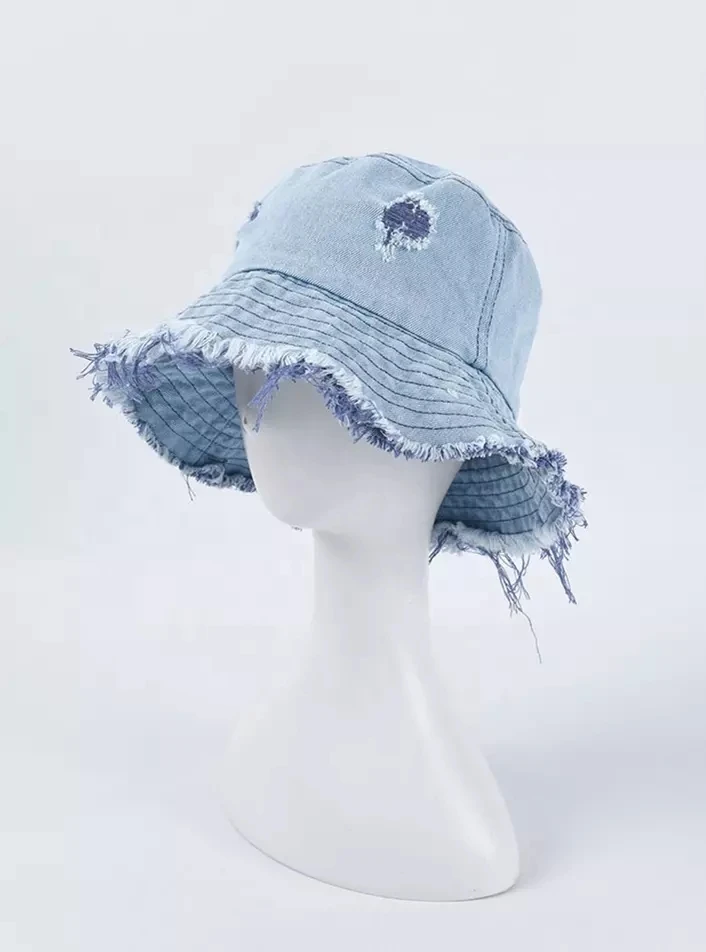 Wholesale Ladies Bucket cap and hat Fashion For Womans Two Colour Frayed Brim Worn Out Design Cool Denim Jeans Bucket Hat