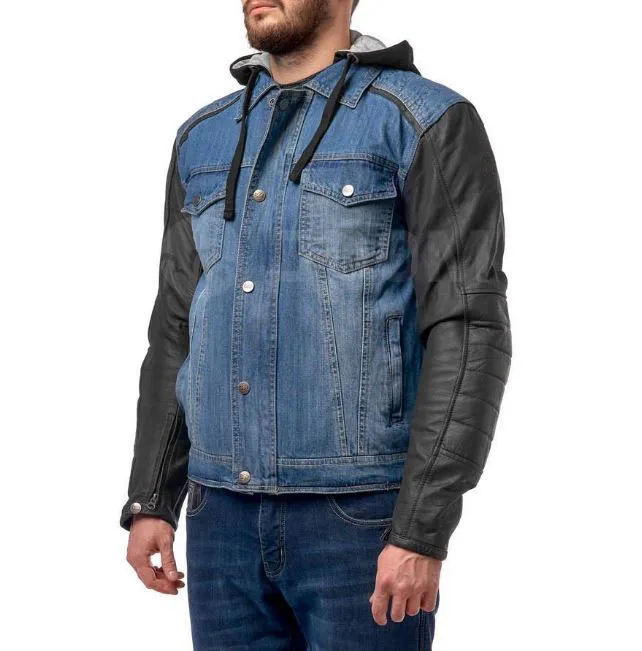 Top Trending Mens Jackets Custom Wholesale Denim Body Real Leather Sleeves Bomber Hooded Biker jackets With Custom Branding