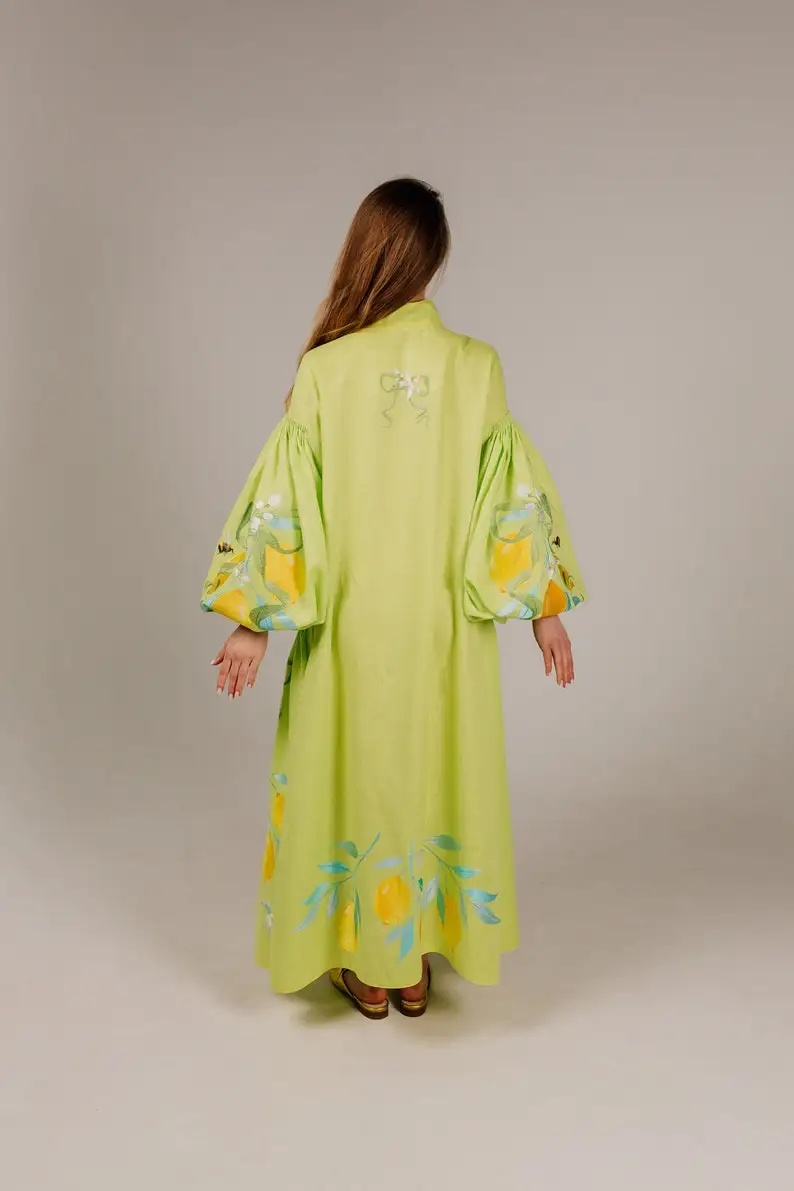 2024 Hot Selling Bohemian Casual Floral Embroidered Work Womens Vyshyvanka Deep V-neck Long Sleeve Sexy Linen Ukrainian Dress