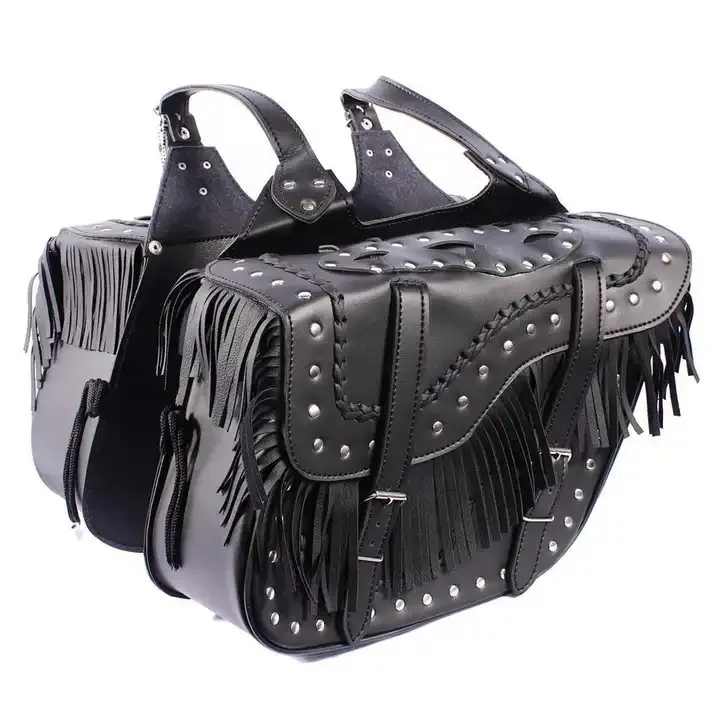 HMB-LB-510 MOTORCYCLE LEATHER SADDLE BAGS SETN STUDS FRINGES STYLE BIKER TRAVEL BAGS SET TOOLS SADDLES