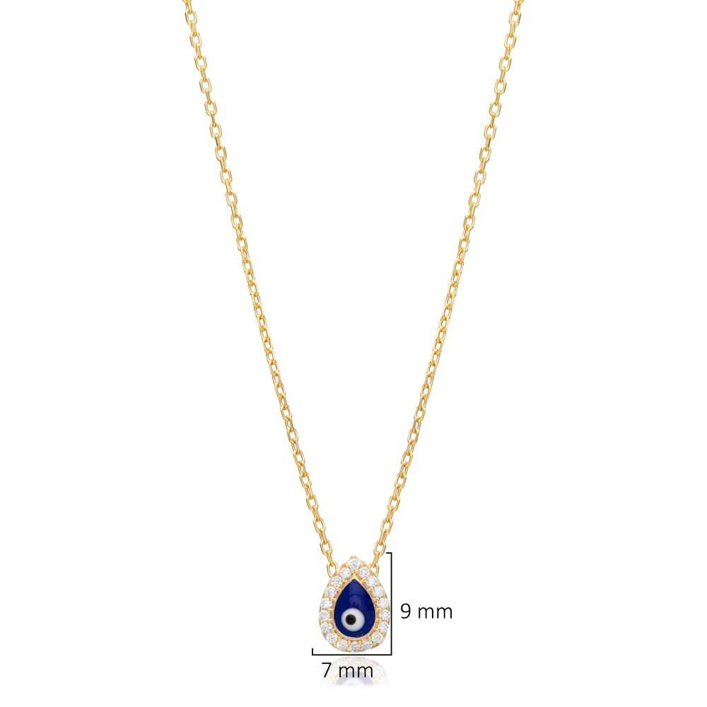 Minimalist Dark Blue Pear Luck Eye Silver Charm Pendant Necklace 925 Sterling Silver Fine Jewelry