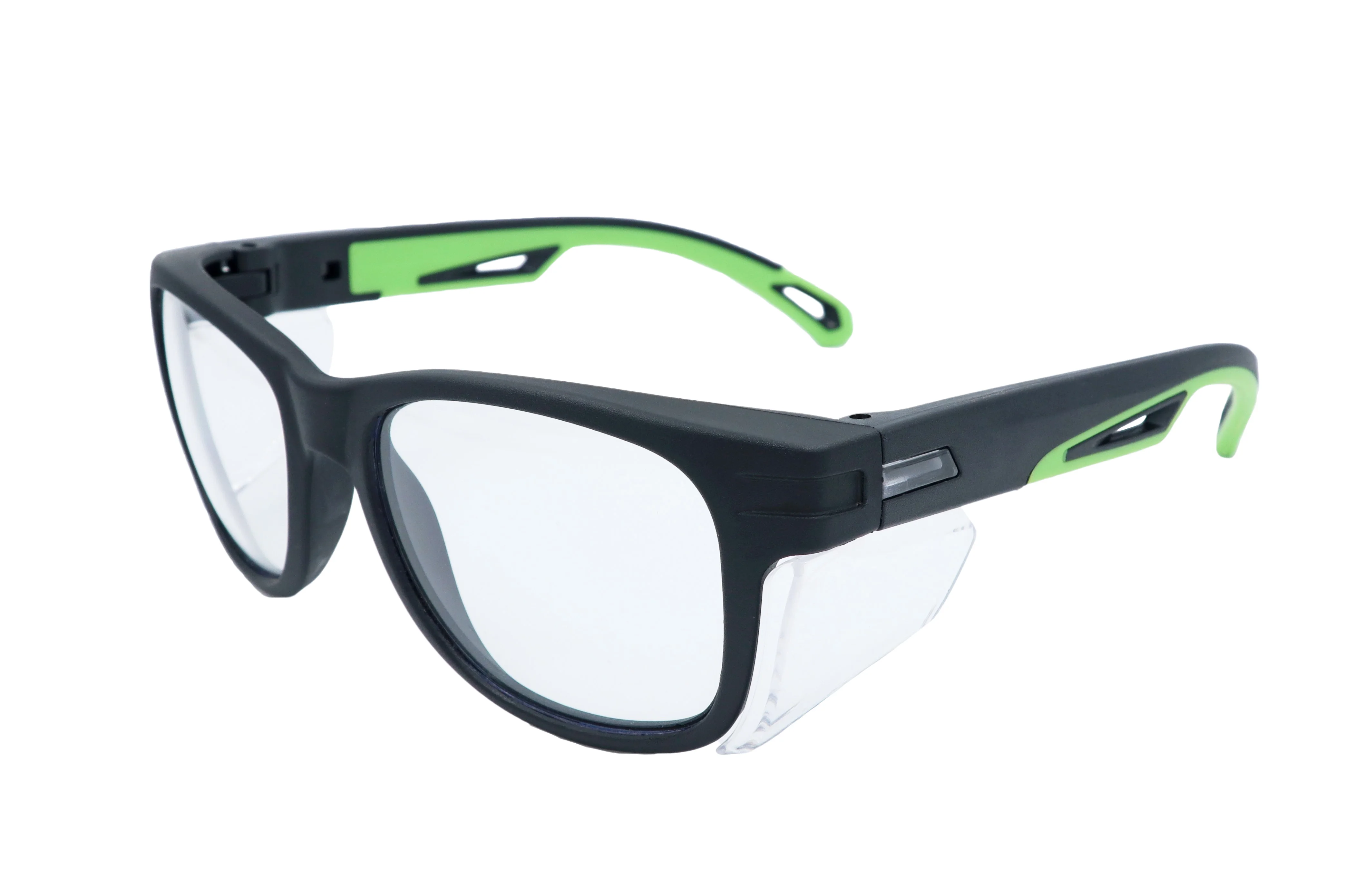 ANSI Z87.1 safety glasses with removable side shields and co-injected temples integrated nose pads for industrial