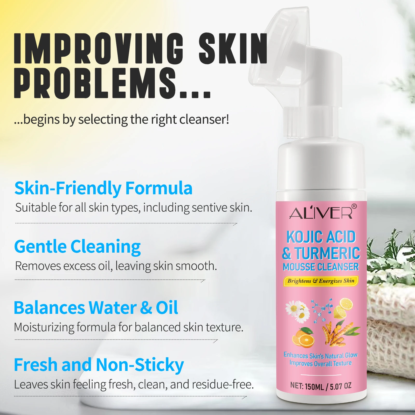 ALIVER Turmeric Cleansing Cream Deep cleansing Foaming Facial Cleanser Face Wash Turmeric Facial Cleanser Mousse for All Skin
