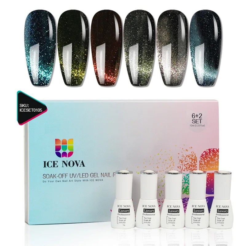 ICE NOVA 6 colors Unique 10d Cat Eye Gel Sparkle Firework Effect Magnet Diamonds Cat Eye Gel Nail Polish Set Oem Private Label