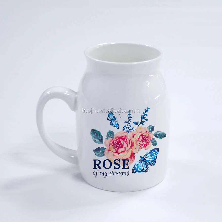 Topjlh Sublimation custom logo good quality white ceramic milk cup for Christmas ceramic tea cup with handle Wholesale