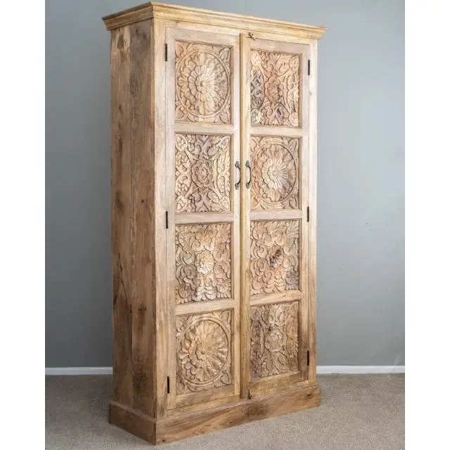 Natural Polish Mango Wood Carving Almirah 100% Solid Mango Wood Handmade Bulk Product storage cabinet furniture Almirah Cabinet