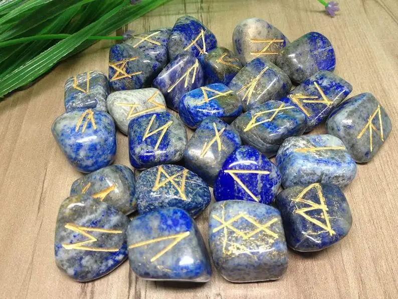 High Quality Lapis Lazuli Elder Futhark Rune Set Amethyst Gemstone Carved Crystal Polished Tumbled Stone Engraved Love Style