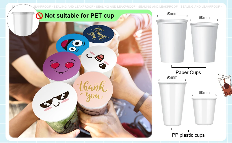 Cups Sealer Film for PP Plastic Paper Cups Sealing Machine for Boba, Water, Cold Coffee, Juice, Soda,Customized