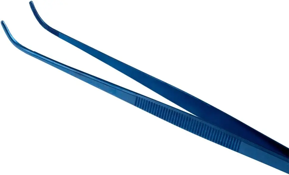 Perfect Point 9.4 Inch Curved Tweezer, 1 Short Slant Nose Food Tweezer - Serrated Tips Blue - Stainless Steel Kitchen Tweezer