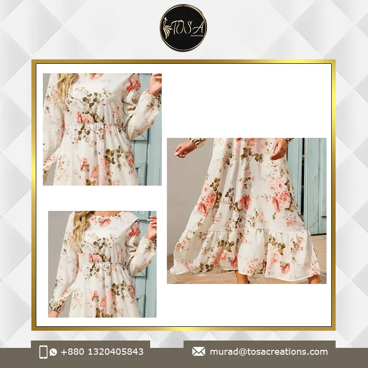 Washable Elastic Waist Midi Length Dress Best Quality Manufacturer of Custom Design Digital Print Women Floral Midi Dress