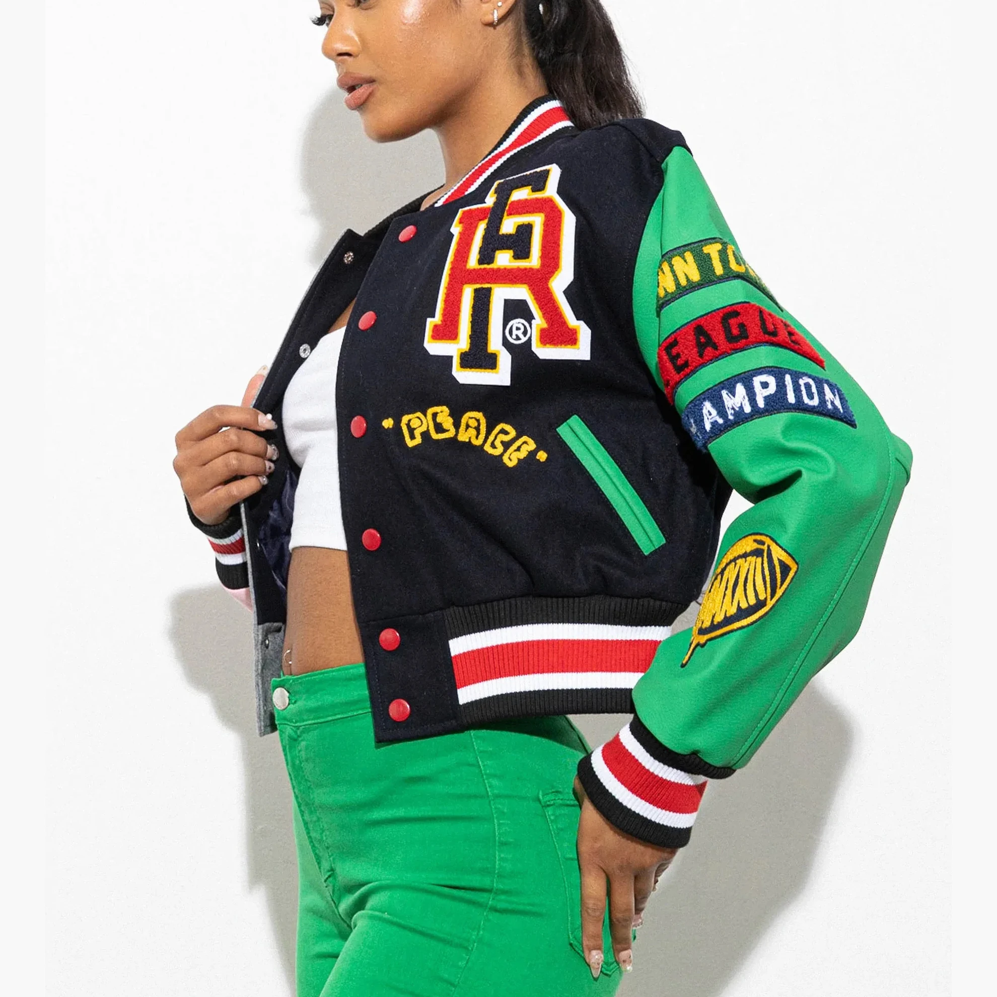 Plus Size Breathable Women Cropped Varsity Jacket Custom Logo Embroidered Leather Sleeve Crop Women Letterman Baseball Jackets